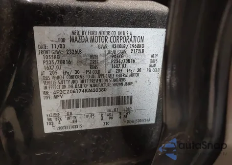 2004 Mazda Tribute Es V6 из США, поврежденный, VIN 4F2CZ06174KM30380